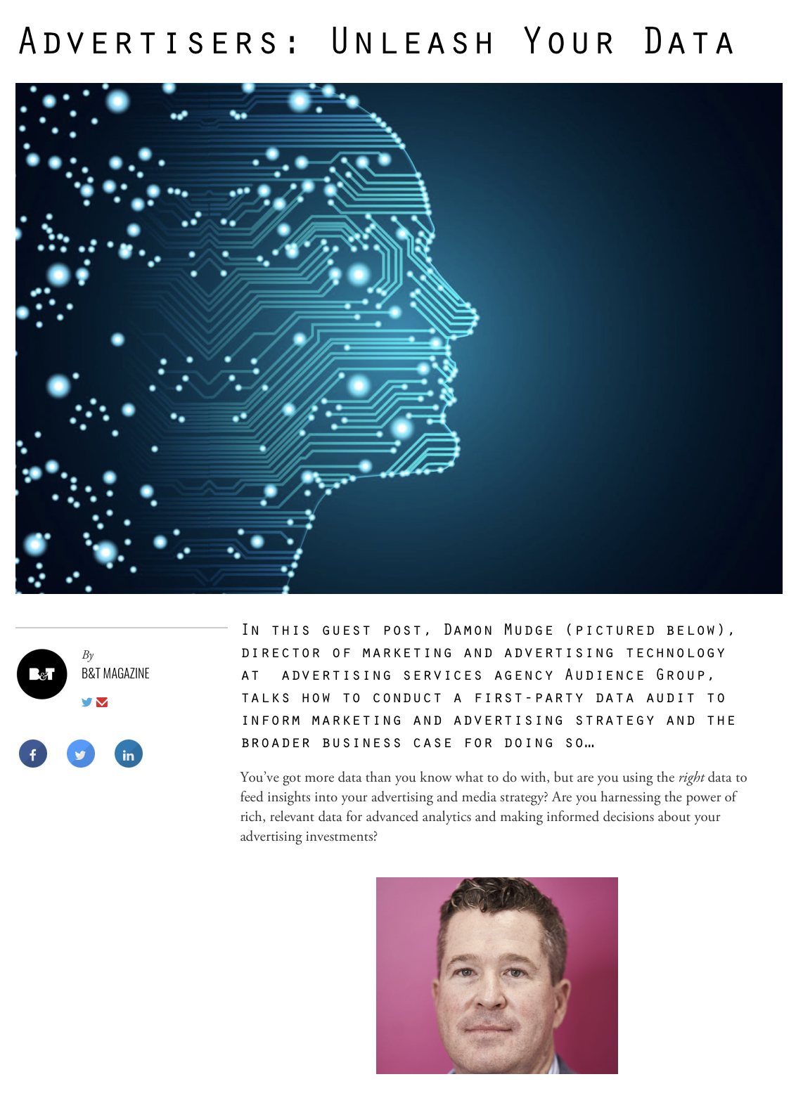 B&T magazine clipping of Audience Group article on how to conduct a first-party data audit